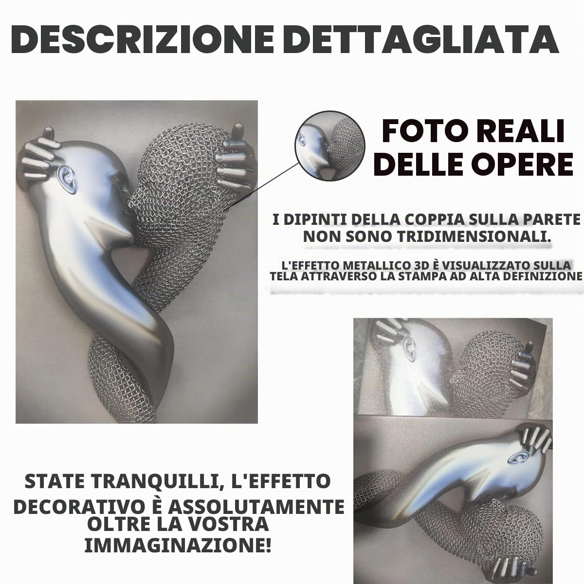Arte da parete con cornice per camera da letto effetto metallo 3D amore cuore coppia decorazione artistica da parete per soggiorno 3 pezzi stampe moderne astratte grigio nero e bianco su tela poster