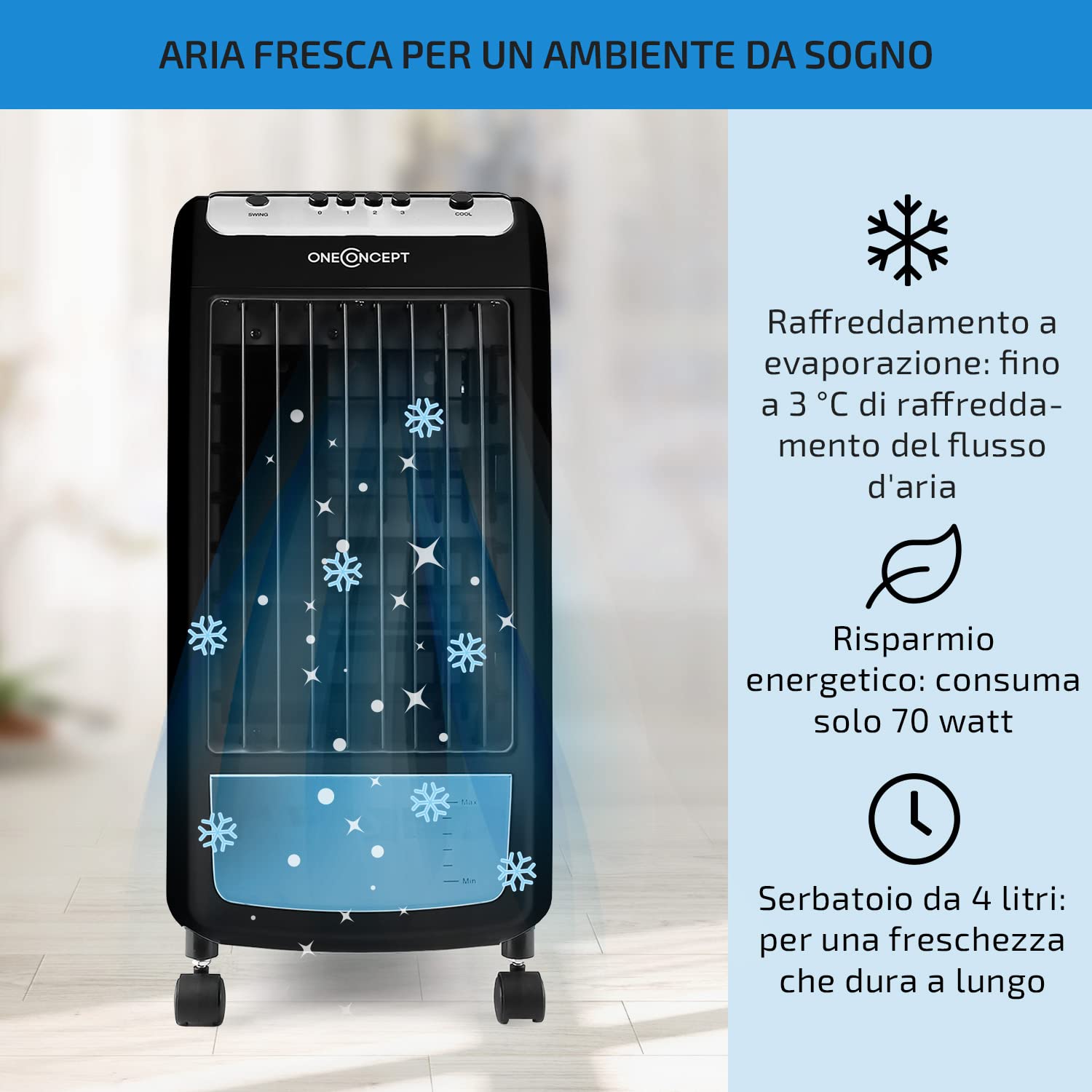 Oneconcept - Caribbean Blue, refrigeratore d’aria portatile, ventilatore, umidificatore, 3 velocità, portata d'aria 400 m³/h, 70 W, serbatoio 4 l, 2 vaschette ghiaccio, oscillazione, 4 rotelle (ebano)