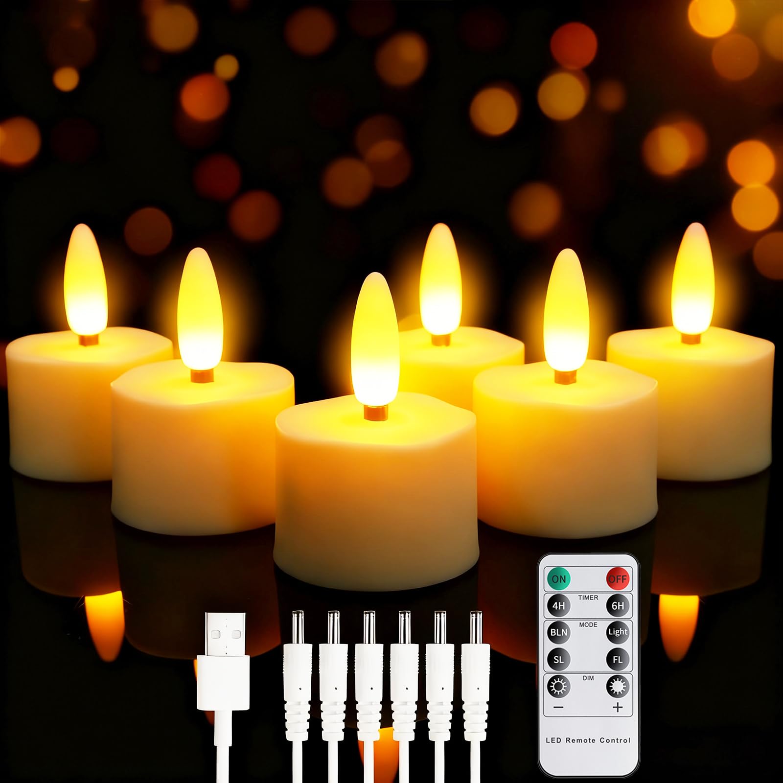 wiipara Aufladbare LED Teelichter mit Timerfunktion, 6 Stück Flammenlose LED-Kerzen Realistische LED Candles mit Fernbedienung, Flackernde Flamme für Hochzeit Halloween Weihnachten Wohndekoration
