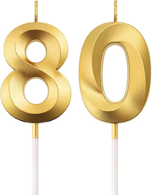 BBTO 80th Birthday Candles Cake Numeral Candles Happy Birthday Cake Topper Decoration for Birthday Anniversary Wedding Party Celebration Supplies (Gold)