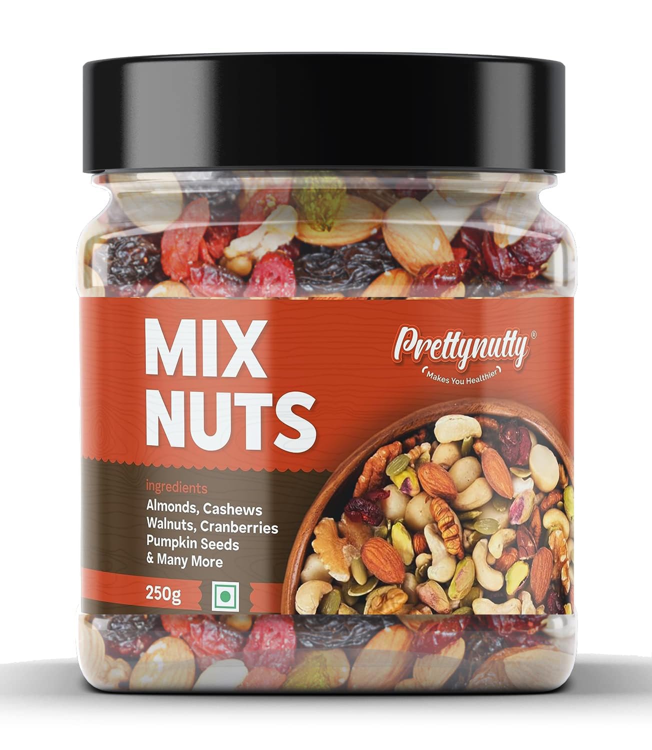 PrettyNutty Healthy Nutmix 250g, Dried Almonds, Black Raisins, Cashewnuts, Cranberries, Green Raisins, Walnut Kernels & Many More.