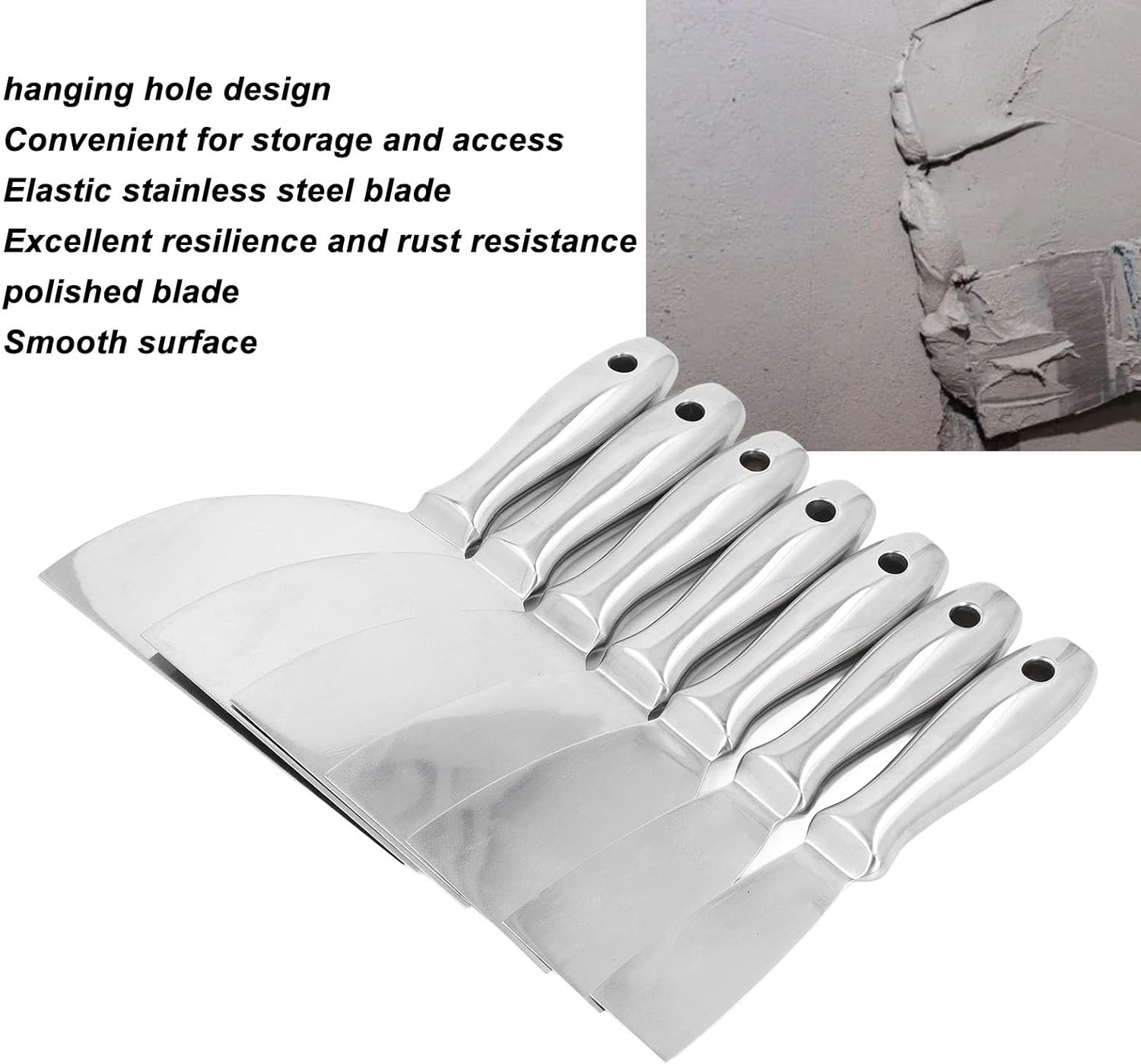 7pcs Stainless Steel Putty Knife Set for Drywall Spackle Mud Repair and Paint Scraping