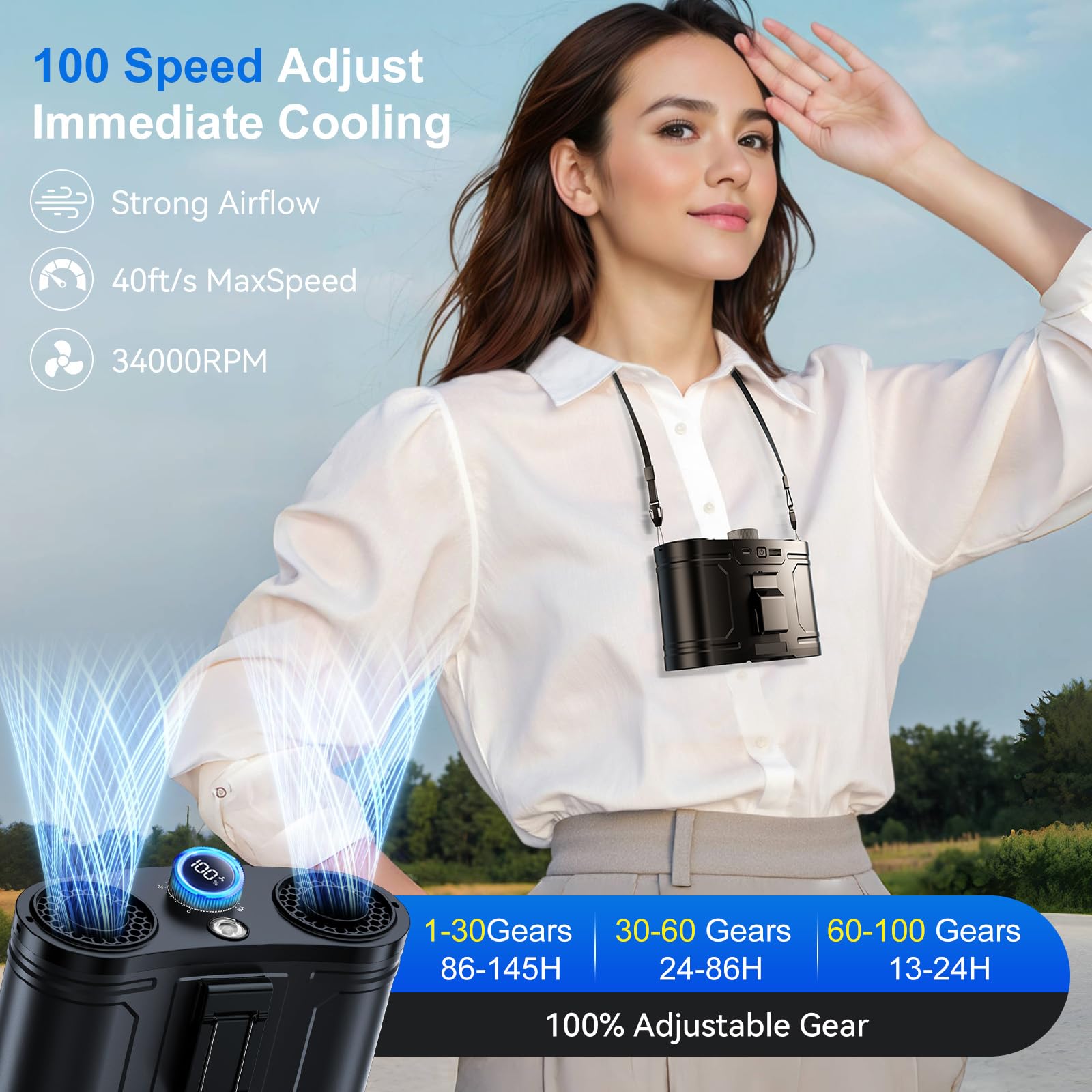 Ventilador de cintura portátil de 21000 mAh, 100 velocidades, 34000 rpm, fuerte flujo de aire, ventilador de cinturón con hasta 145 horas de tiempo de trabajo, linterna manos libres, ventiladores 3