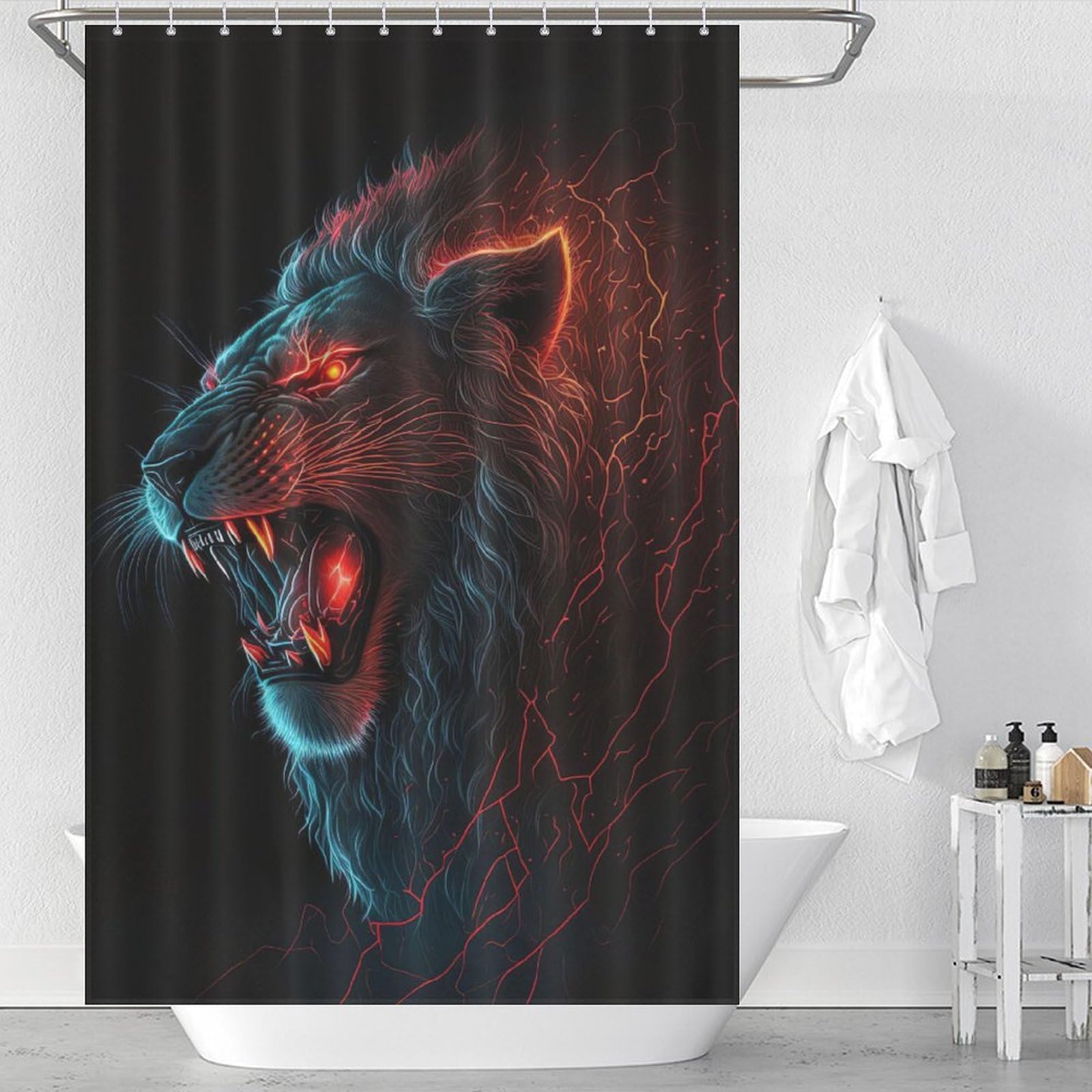Rideau de douche lion imperméable en tissu pour éviter l'eau au sol