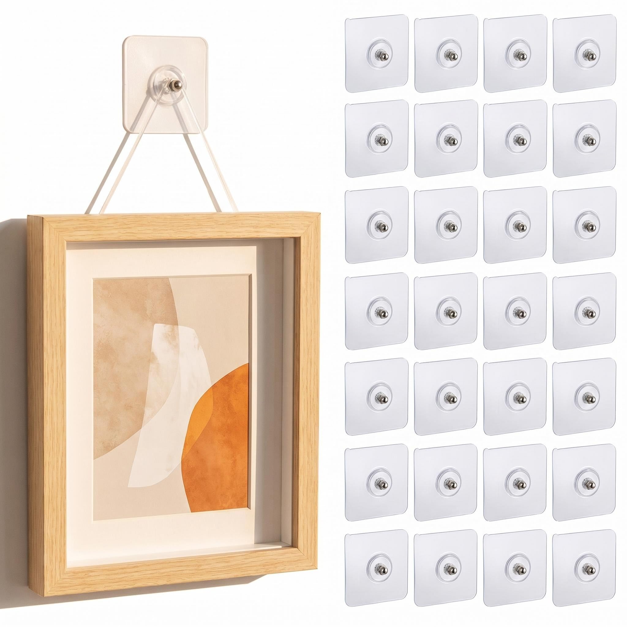 30 Pcs Self Adhesive Picture Hooks, No Nails Transparent Heavy Duty Wall Stickers, 6x6cm Waterproof Picture Hangers for Hanging Frames, Photos, Stick on Picture Hangers in Bathroom Kitchen Living Room