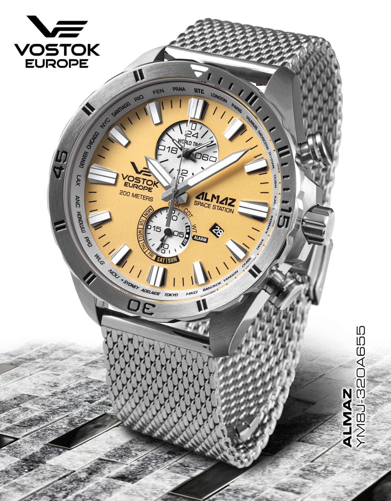 Vostok Europe Almaz Space Station - Reloj cronógrafo para hombre con correa milanesa, Plata/beige., Pulsera