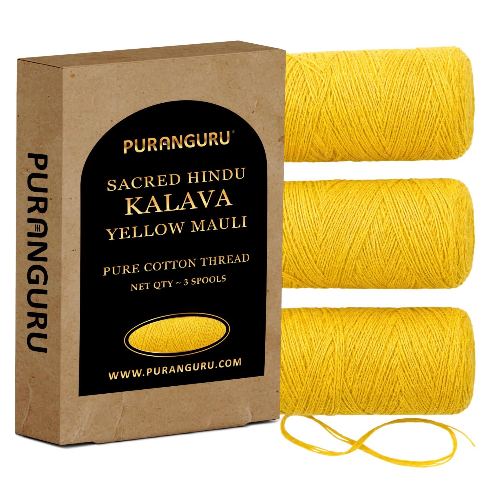 Handmade Yellow Kalava Moli Thread | 3 Spools x 50 Meters | Pure Cotton Kalawa Mauli | Religious Puja Rakhi Dhaaga | Sacred Hindu Pooja Nadachhadi Raksha Sutra | Wrist Band Laccha Roll