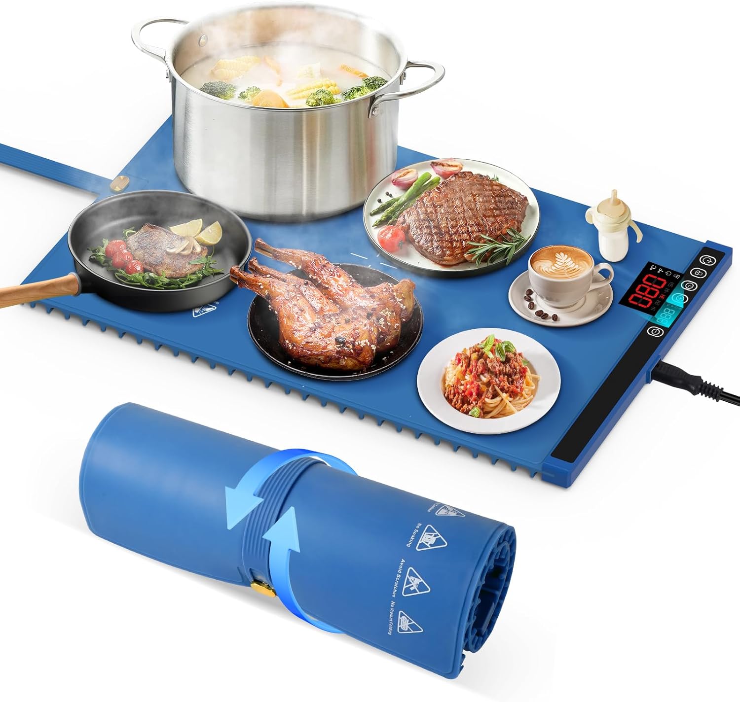 SOPPY Food Warming Mat, 23.6"x15" 260W Fast Heating Electric Warming Tray with 6 Level Temperature, Safety Lock & Portable Design, Roll Up Buffet Hot Plates Heat Pad for Parties Home Travel, Blue