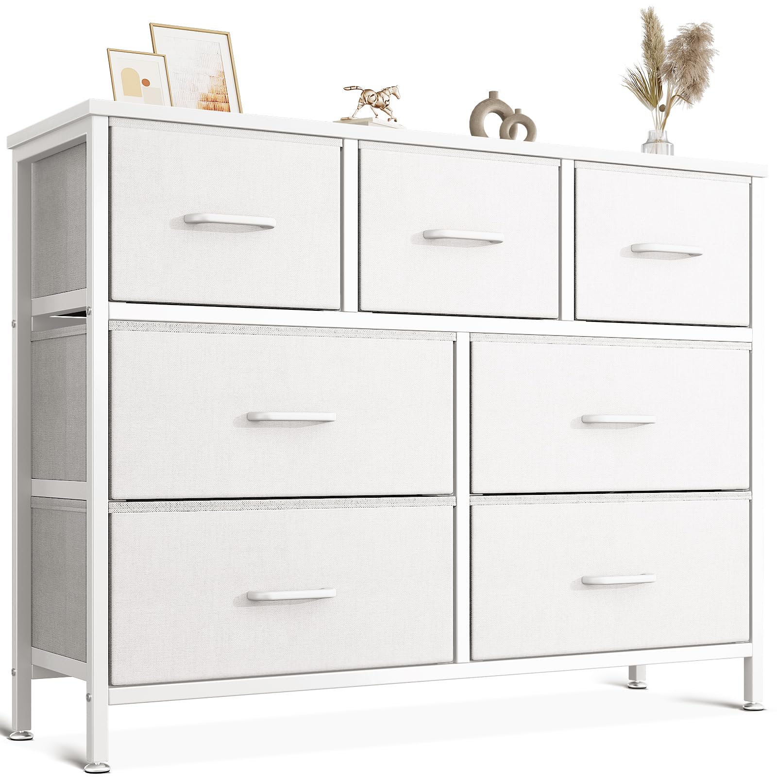 Coleshome Cassettiera Camera da Letto con 7 Cassetti in Tessuto, Realizzata con una Robusta Struttura in Acciaio e Gambe Regolabili. Adatta per Camera da Letto e Soggiorno, 100 x 30 x 77 cm, Bianco