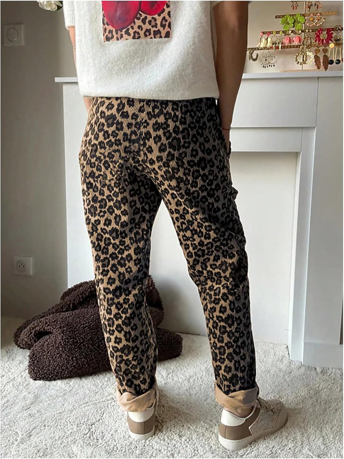 MakeMeChic Women's Cheetah Print Corduroy Pants Tapered Leopard Sweatpants - Image 3