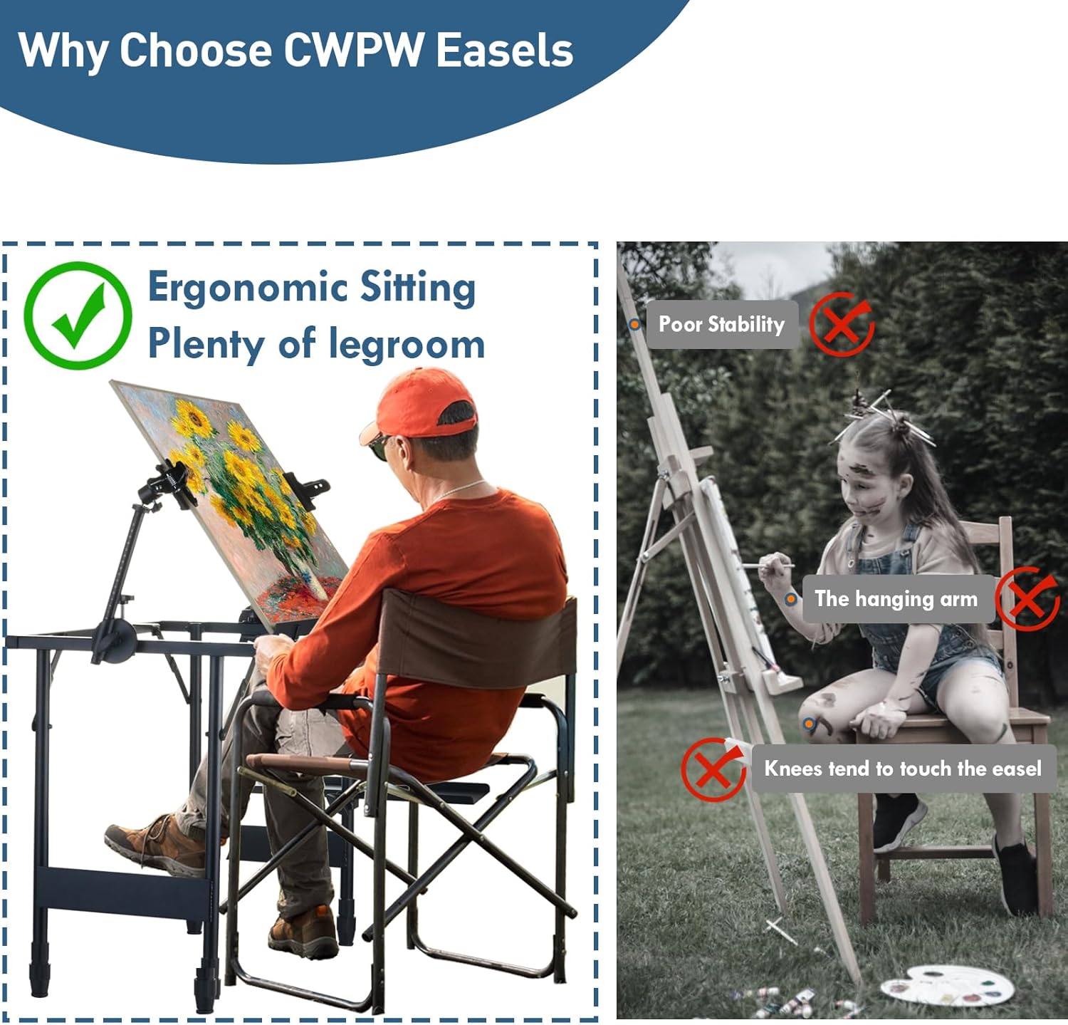 CWPW Artist Easel Stand Metal Foldable Portable Ergonomic Adjustable Easel for Painting Canvases Height from 16" to 30" Equipped with Carry Bag&Umbrella Stand for Outdoor&Indoor Painting Drawing - Image 3