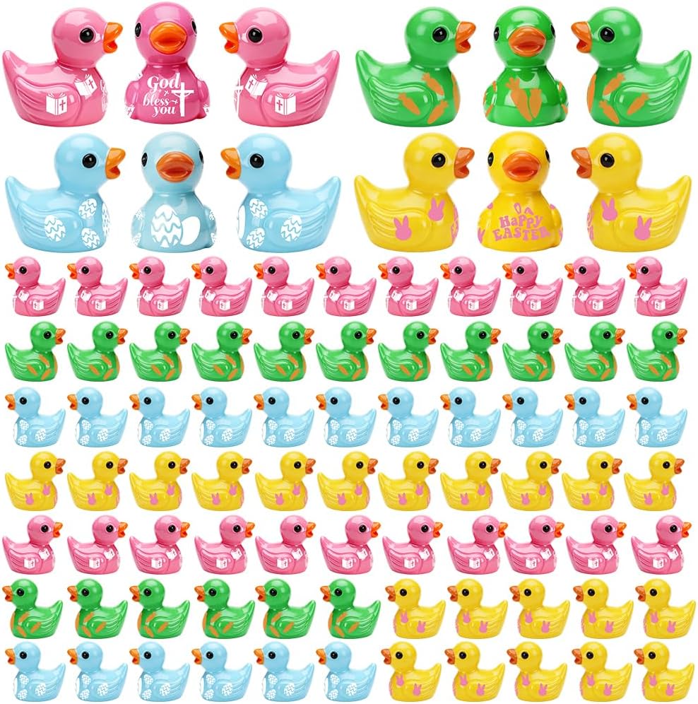 AWEELON100Pcs Mini Easter Resin Ducks Bulk Tiny Duck Figurines Multicolor Mini Ducks Miniature for Garden Landscape Dollhouse Ornament for Easter Day Birthday Ornaments（4 Color）