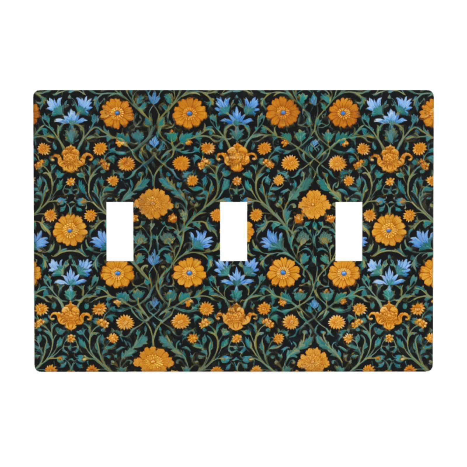 Small Yellow Marigolds and Blue Lilies Light Switch Covers 3 Gang Triple Toggle Wall Plate Switchplate Electrical Faceplate for Bathroom Kitchen Bedroom Decor