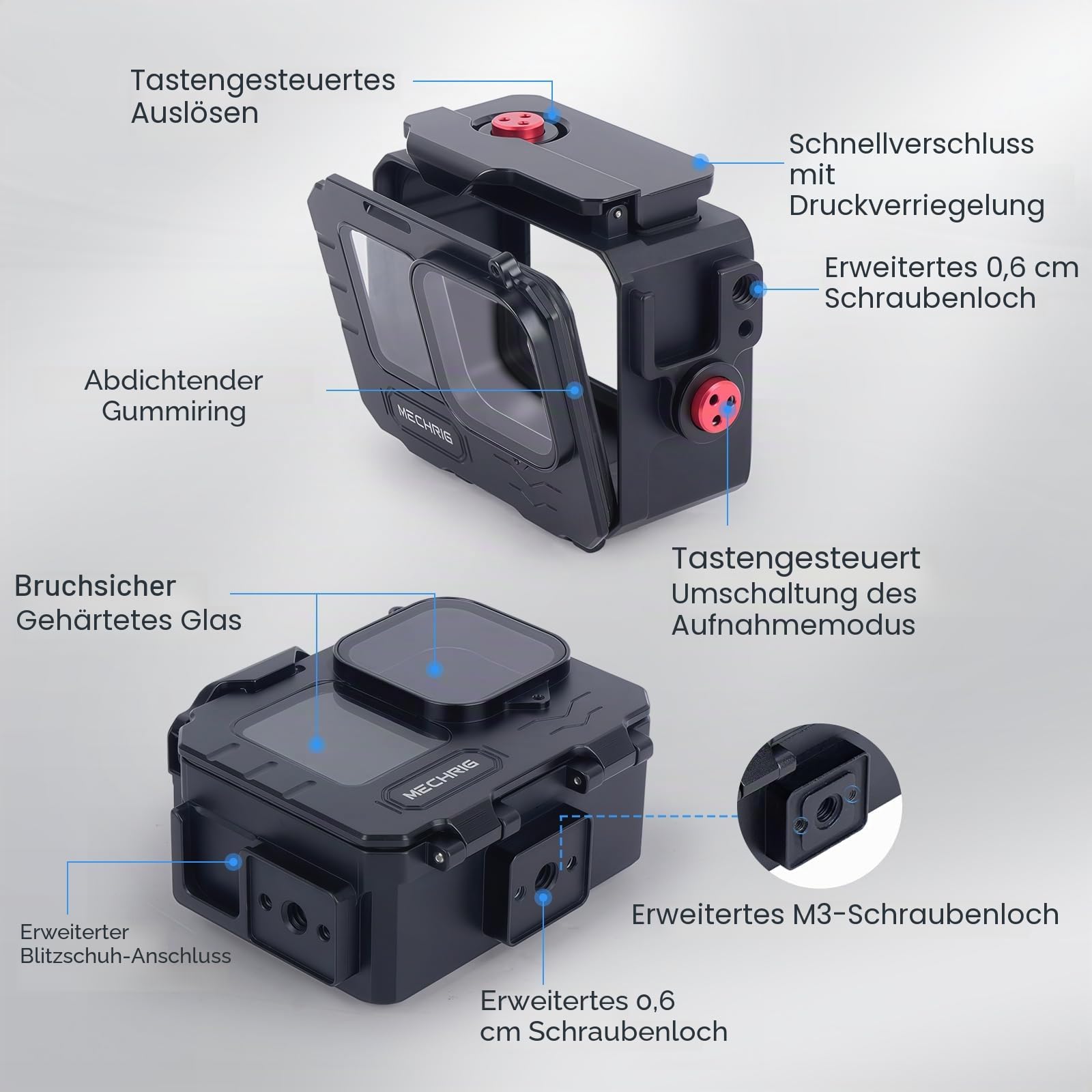 Wasserdichtes Aluminiumgehäuse für GoPro HERO13/HERO12/HERO11/HERO10/HERO9 Action-Kamera, 80 m tief, wasserdicht, Schalter (Standard-63071)