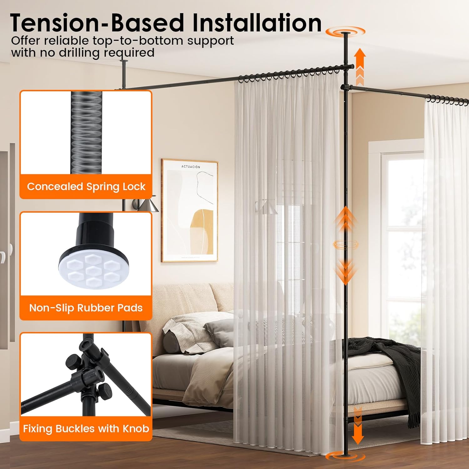 Giantex Room Divider Curtain Rod, No Drill Floor to Ceiling Tension Rod, Adjustable 4-10 ft Height & 28-142 in Width, Heavy Duty Metal Partition Rod for Separation in Apartment, Dorm, Studio, Black