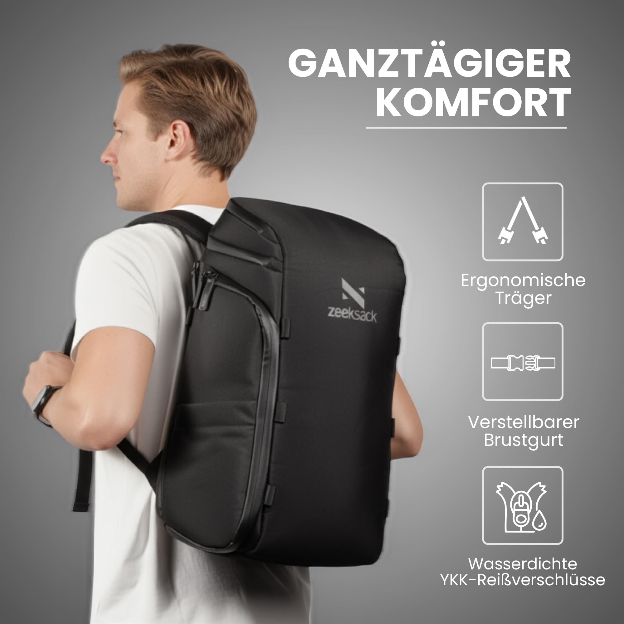 Zeeksack Rucksack Schwarz 20L - The Organizer Backpack & Reiserucksack mit Laptopfach, herausnehmbaren Trennern & Smart Pockets - Handgepäck-Rucksack fürs Flugzeug, Arbeit, Fitness & Wochenendtrips