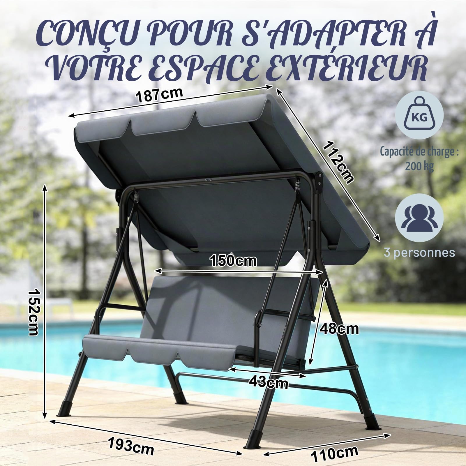 Huracan Balancelle de jardin 3 places avec toit pare-soleil réglable, pieds antidérapants, résistante aux intempéries, construction en métal robuste, 193 x 110 x 152 cm, anthracite