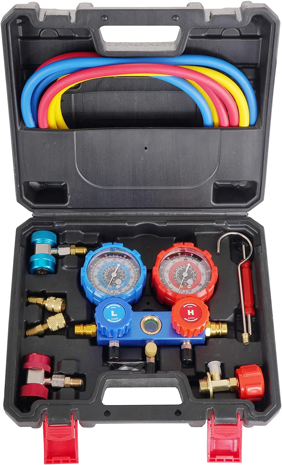4CFM 1/3HP Single-Stage Vacuum Pump and R410A R22 R134A R404A Aluminum-Body Manifold Gauge Set Refrigeration Kit with Carrying Tote for HVAC A/C Refrigeration Recharging and Maintenance : Automotive