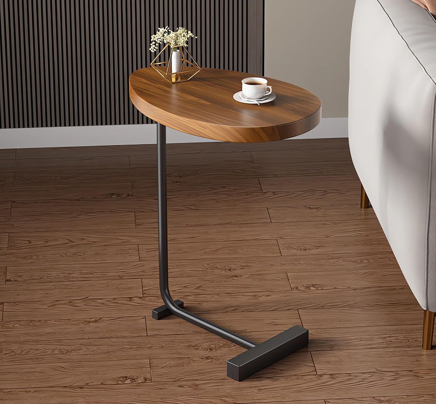 C Shaped Side Table, Slide Under Sofa End Table with Walnut Wood Top & Black Metal Frame, Small Couch Table for Laptop Coffee Snacks, Modern Bedside Nightstand for Living Room Bedroom Office-image-32