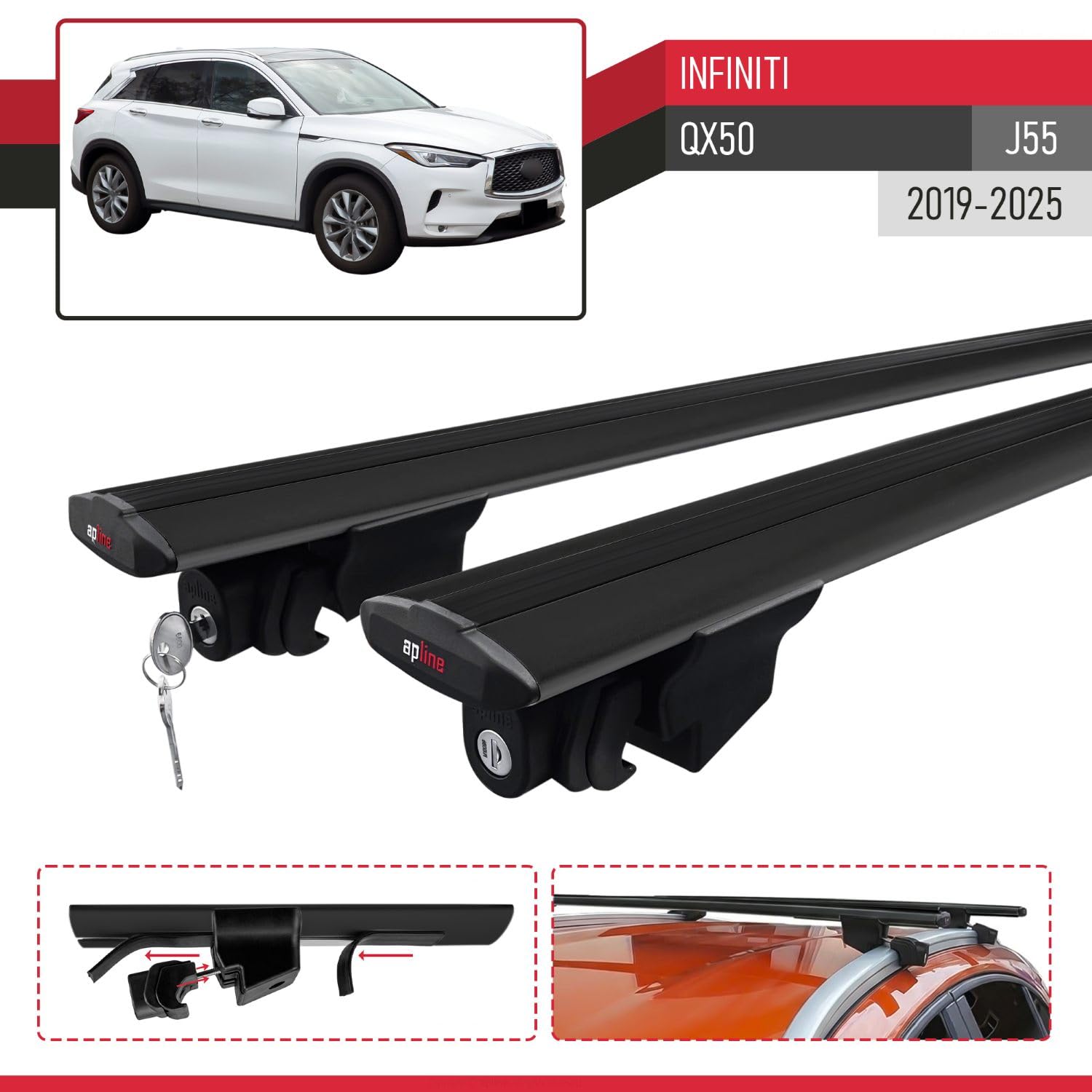 Kompatybilny z Infiniti QX50 (J55) 2019-2025 HOOK Model Aluminiowe poprzeczki dachowe Czarny 2 szt.