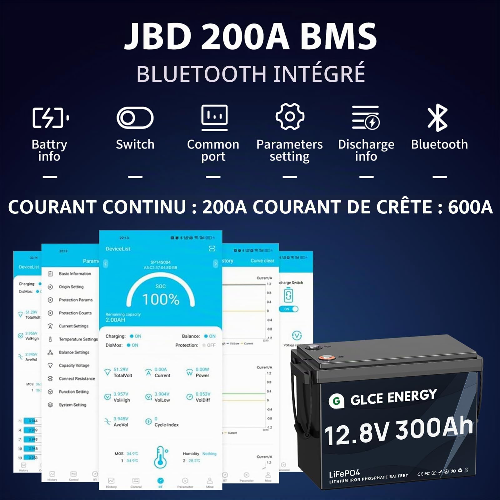 Batterie Lithium 12V 300Ah LiFePO4, Bluetooth 200 A BMS intégré, 3840Wh Batterie LiFePO4, 4500~15000 Cycles pour Camping-Car, Solaire, Off-Grid, Alimentation de Secours