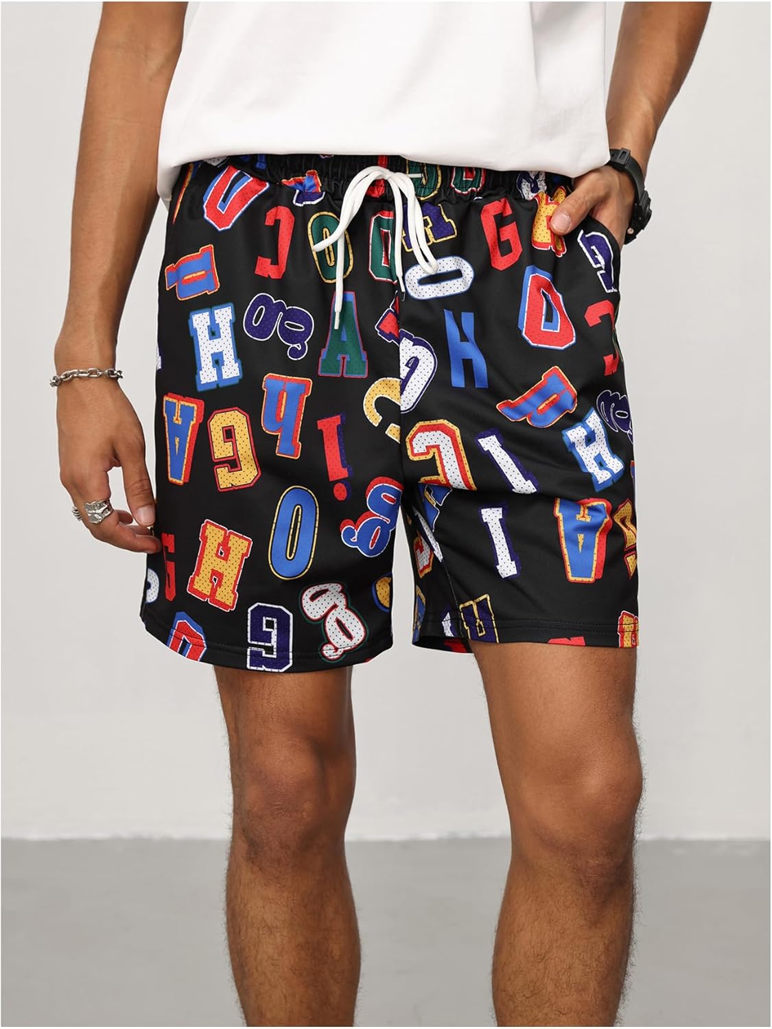 VIPWOLF Men's Letter Graphic Casual Shorts Y2k Drawstring Athletic Gym Workout Basketball Track Shorts Streetwear