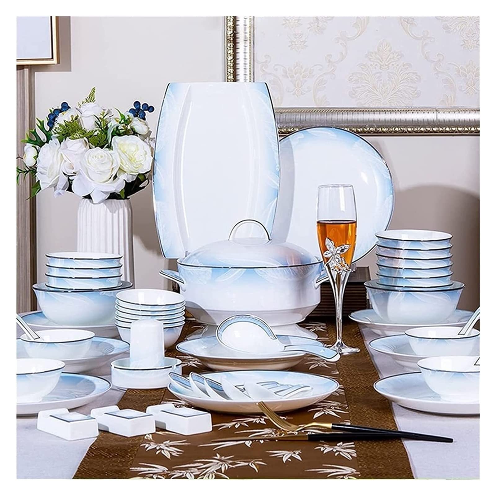 Zestaw naczyń obiadowych Zastawa stołowa na przyjęcie Zestaw serwisowy 56/60 SZT. Zestaw ceramicznych naczyń obiadowych Zastawa stołowa z porcelany kostnej Naczynia Talerze Ceramiczny zestaw obiadowy