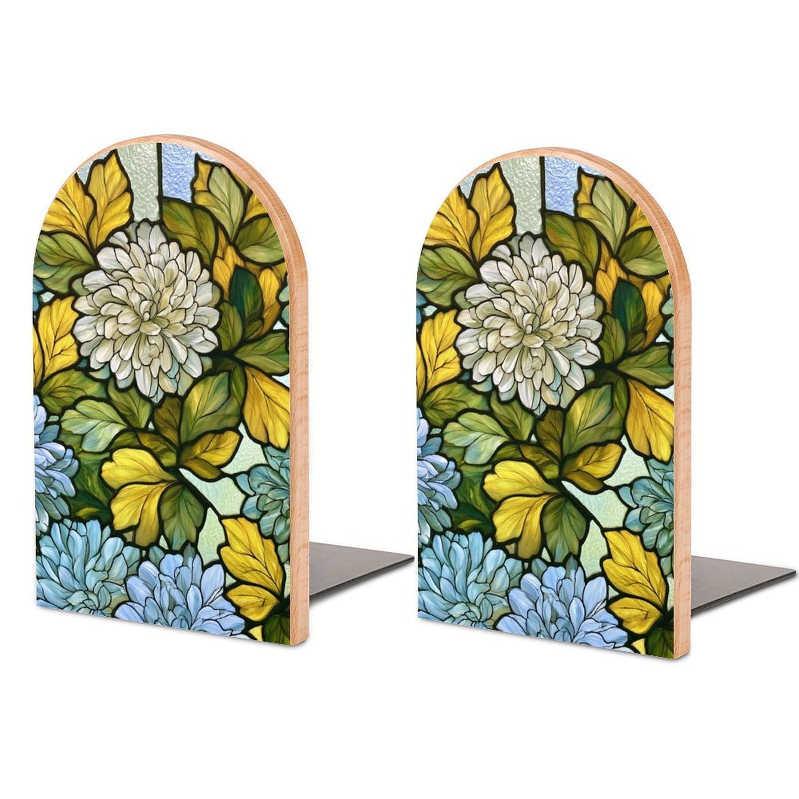 White Pale Blue Chrysanthemum Flower Pattern Wooden Bookends Shelves 2 PCS Sturdy Book Holders Desktop Organizer for Home Office Libraries