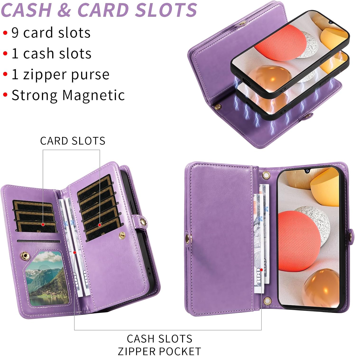 Asuwish Phone Case for Samsung Galaxy A42 5G Zipper Wallet Detachable Cell Cover with Tempered Glass Screen Protector Strap Mandala Flower Card Holder Slot A 42 G5 42A S42 4G 2021 Women Girls Purple