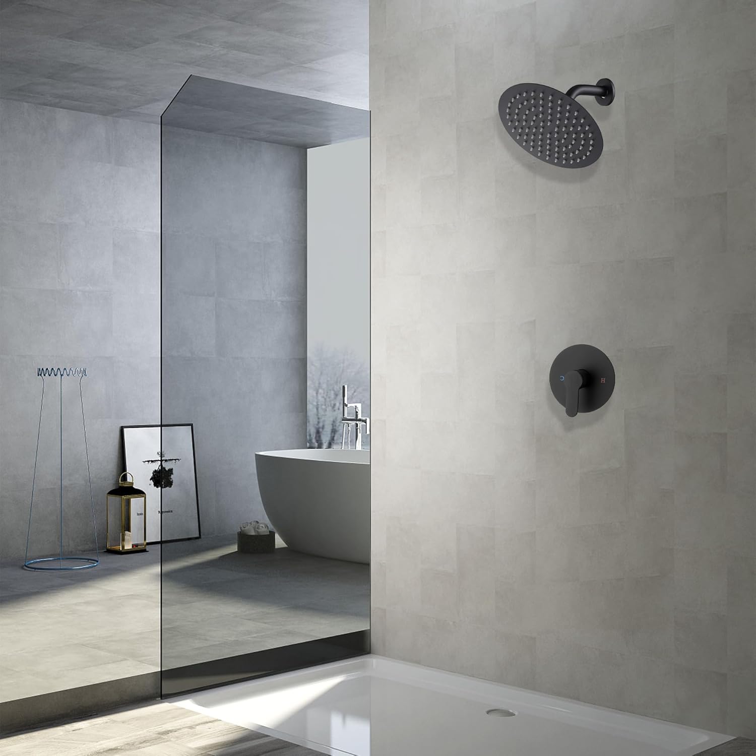 Matte Black Shower Faucet GGStudy Single Function Shower Trim Kit with Rough-in Valve Shower Set Bath Rainfall Ultra-thin Shower System 8inch Round Stainless Steel Metal Shower Head