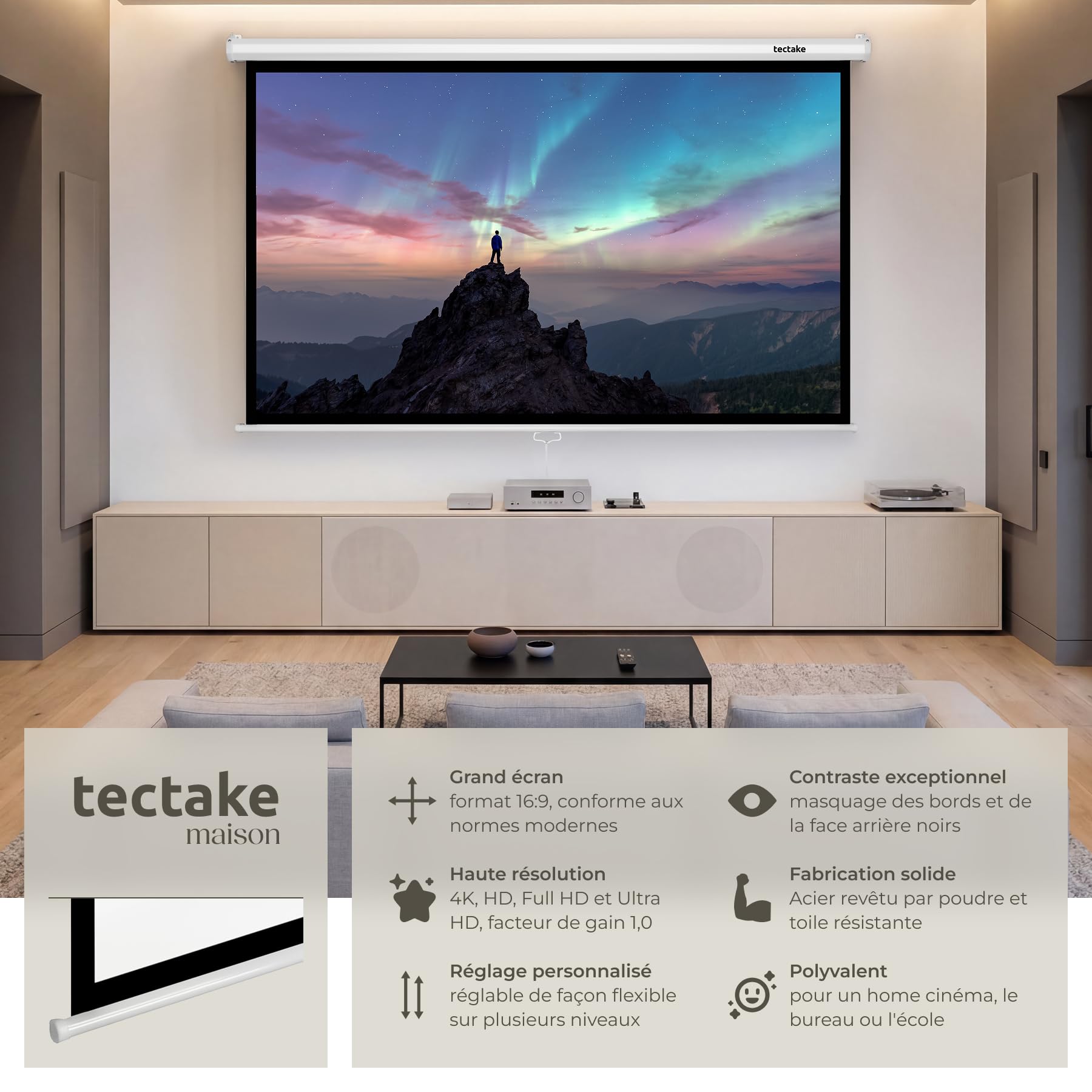 tectake® Écran de Projection pour Mur ou Plafond, 186x105 cm, Ecran videoprojecteur Format 16:9, Toile videoprojecteur 4K, HD, Full HD, Ultra HD, Ecran de Projection Toile projecteur Écran projecteur