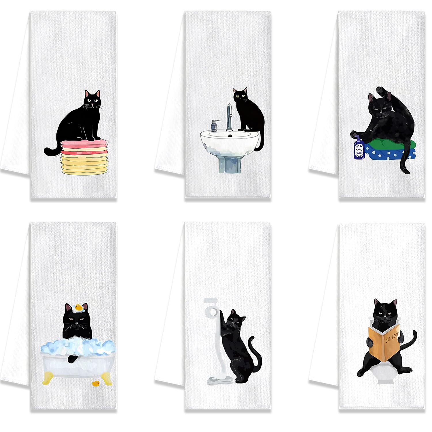 Aurelx 6 PCS Cat Tea Towel, Microfibre Tea Towels with Differnt Black Cat Pattern, Black Cats Gifts for Women Men Cat Lovers, Towels Set for Bathroom Kitchen Dining Home