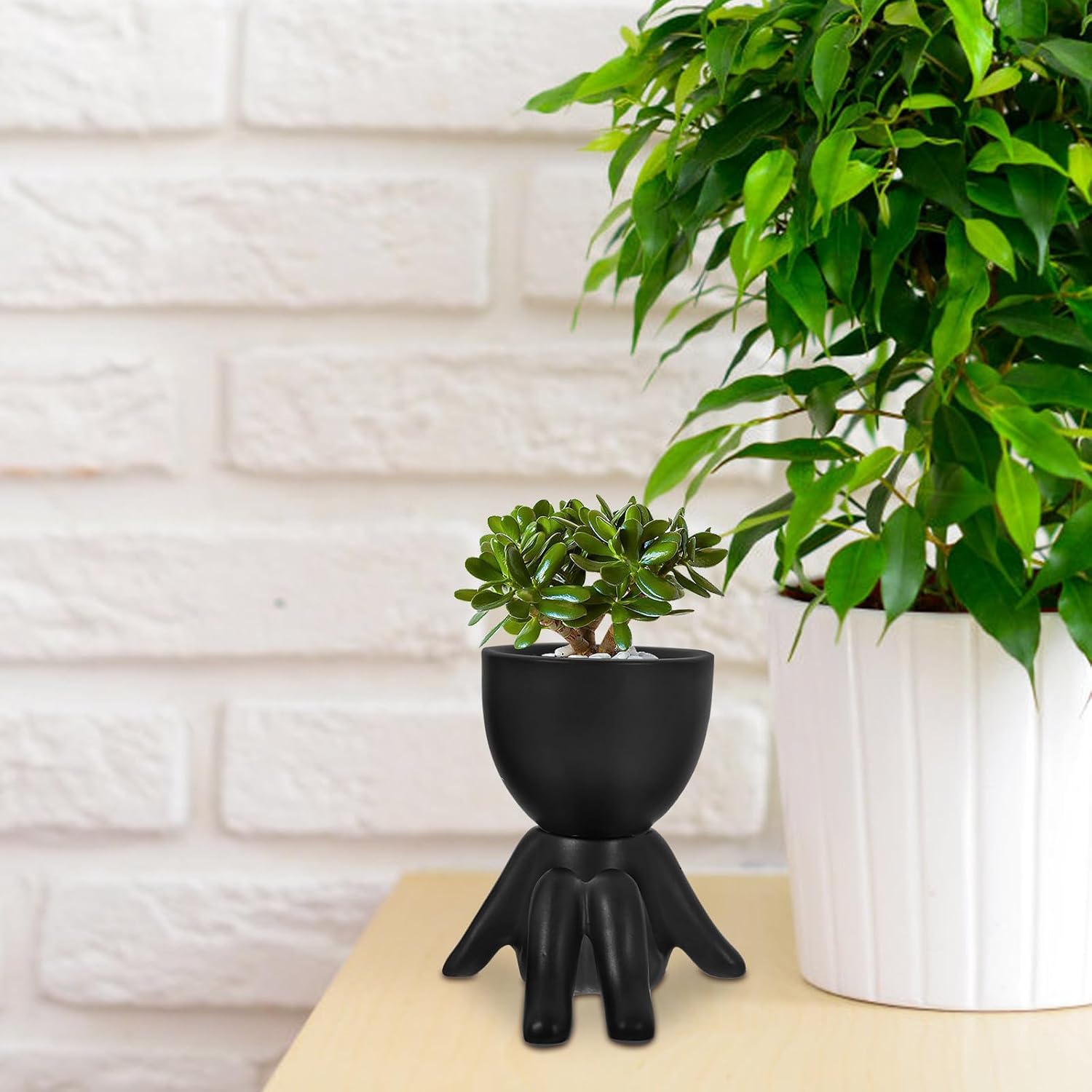3pcs Ceramic Succulent Planter Pots Human Shaped Small Bonsai Containers for Indoor Desktop Gardening with Black Ceramic Flower Vases