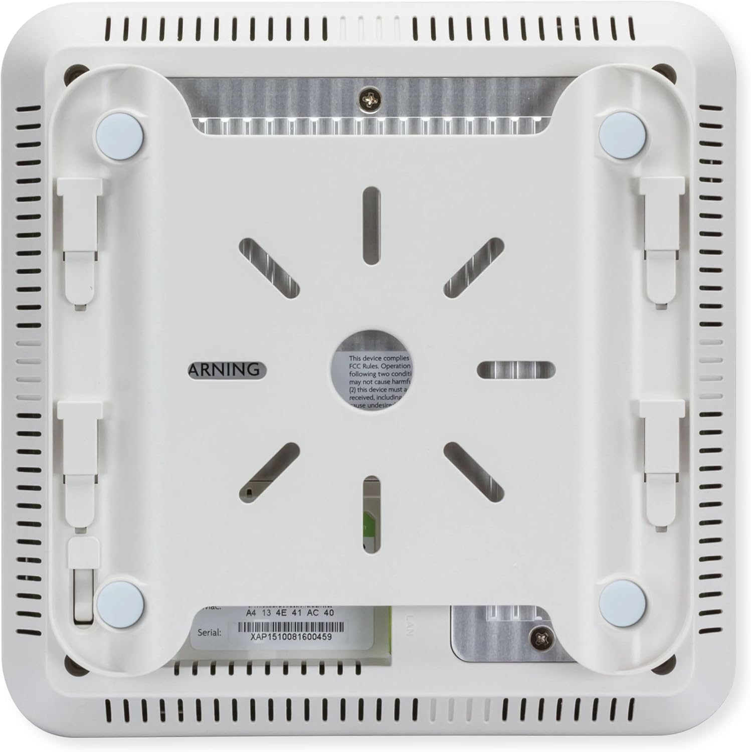 Bund view of Luxul XAP-1610 Wireless Access Point with mounting brackets and serial number