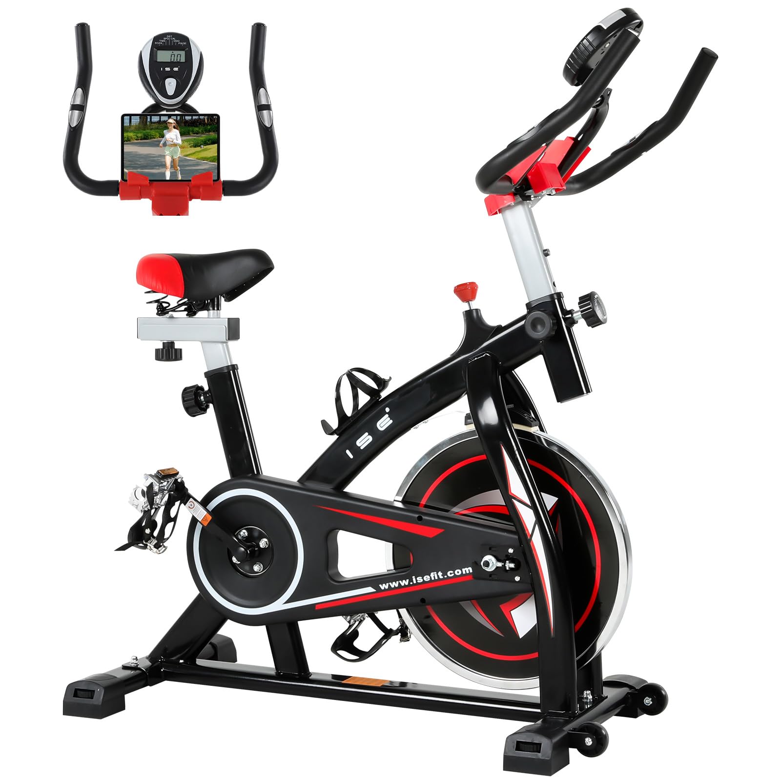 ISE Heimtrainer Fahrrad für zuhause mit LCD Display,Ergometer Fahrrad mit 8kg Schwungrad,Indoor Bike Fitnessbike Heimtrainer mit flüsterleise Riemenantrieb,Stationäres Fitnessbike für Zuhause Sport & Freizeit