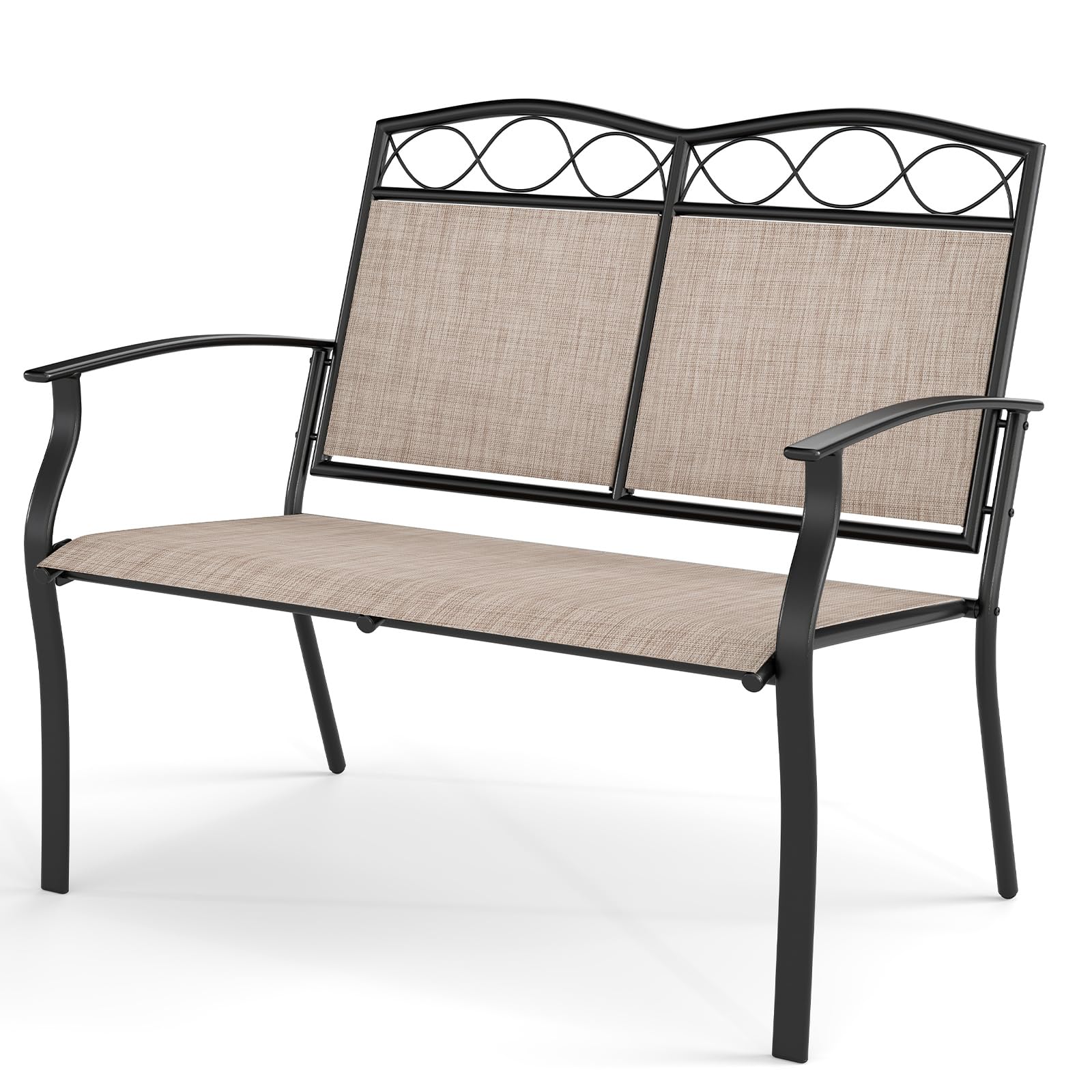 GOPLUS Banco de Exterior para Fijar con Cómodo Asiento, Respaldo Inclinado y Amplios Reposabrazos, Banco de 2 Plazas en Hierro Forjado y Tejido con Patas Ajustables para Entrada, Jardín y Terraza