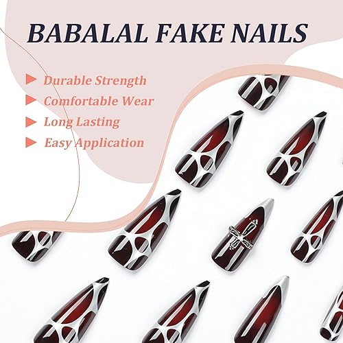 Miniatura 4 de BABALAL Uñas postizas largas a presión, uñas postizas negras y rojas, uñas acrílicas de almendra con diseño gótico, uñas adhesivas para mujeres y