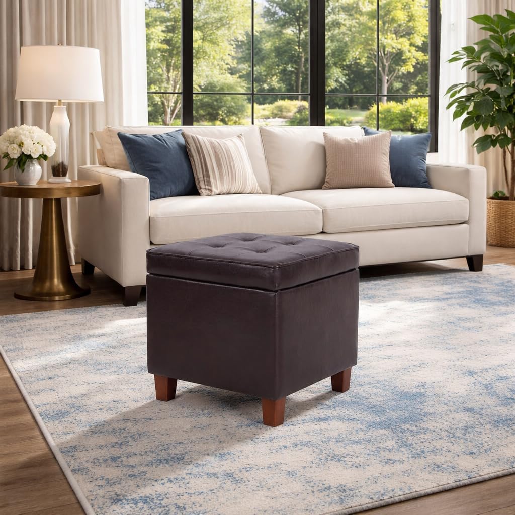 HomePop Leatherette Tufted Square Storage Ottoman with Hinged Lid, Brown Small - Image 2