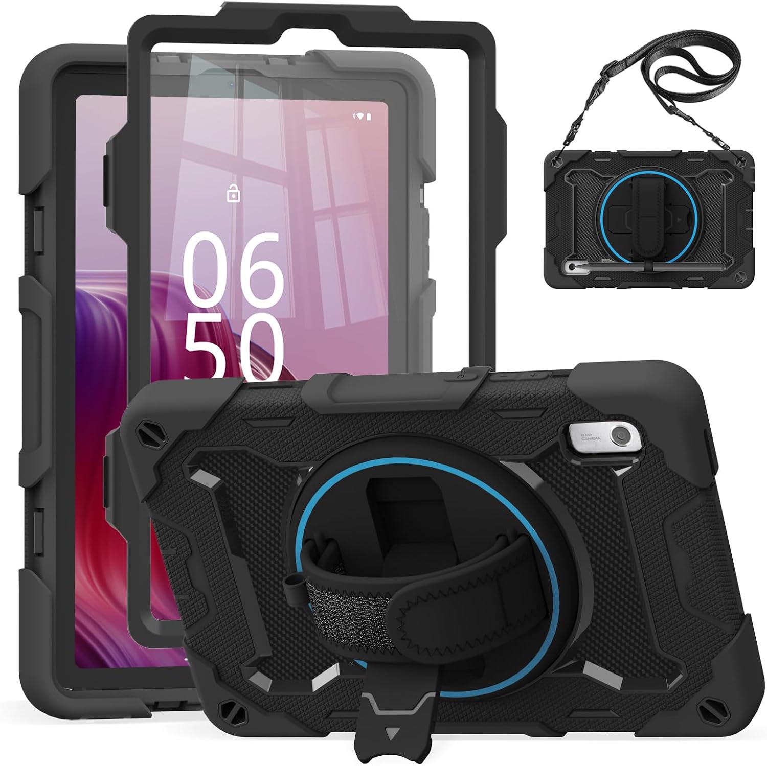 Tablet Case for Lenovo Tab M9 9.0" Tablet 2023 (TB310FU/TB310XU) with Screen Protector Full Rugged Protection Cover with Hand and Shoulder Strap 360 Rotating Kickstand for Girls, Pink