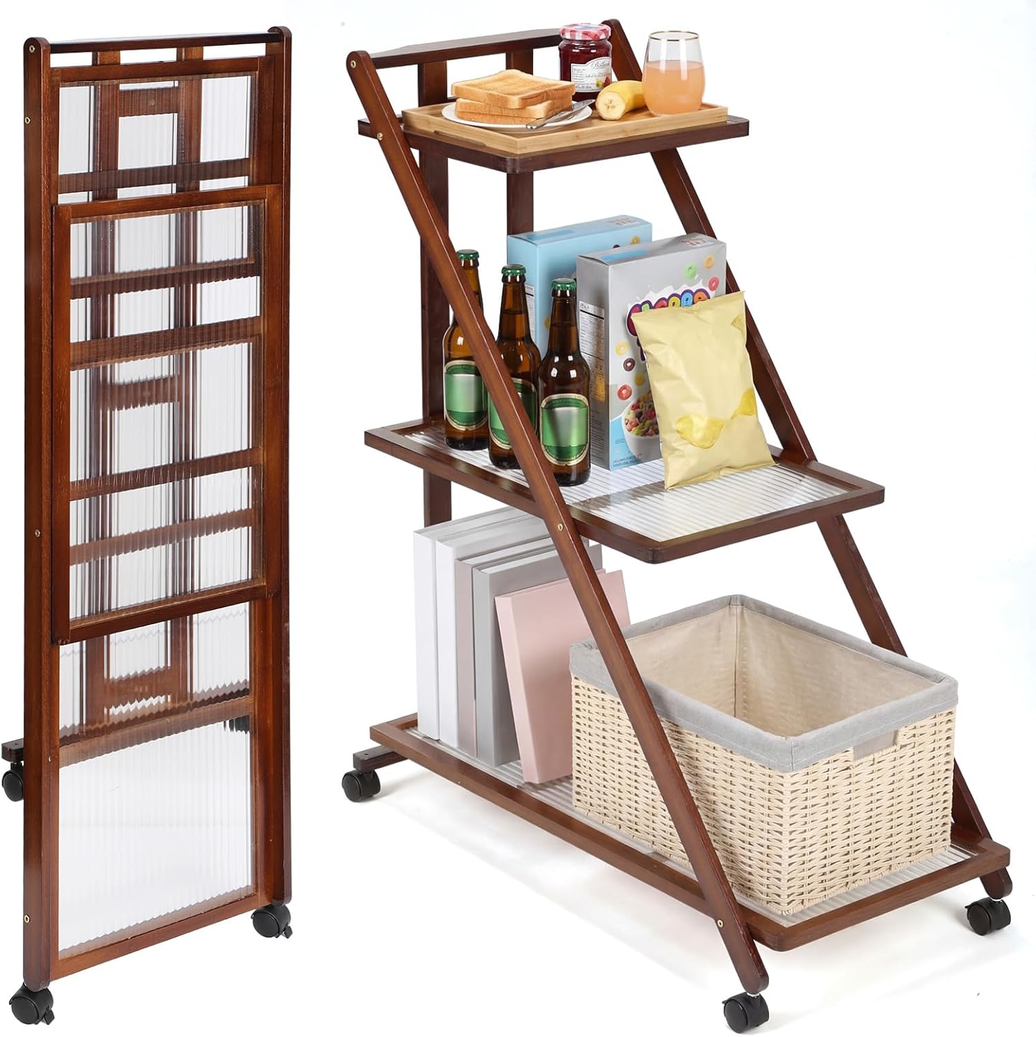 Leinuosen 3 Tier Bamboo Foldable Rolling Cart with Lockable Wheels 31.5 x 27.6 Inch Collapsible Utility Storage Cart Organizer with Handle for Kitchen Living Room Bedroom Office Art Studio Tea Color