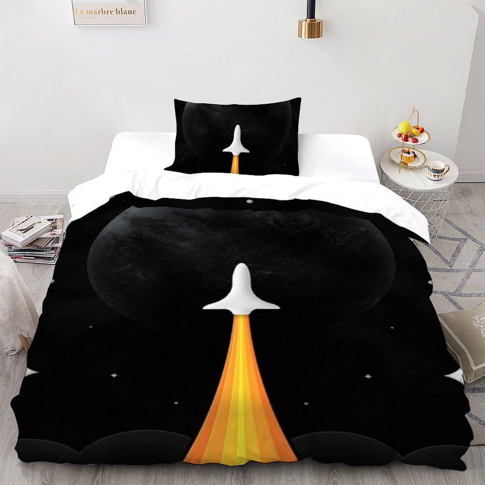 Housse de couette single blanche motif vaisseau spatial japonais avec taies d'oreiller microfibre