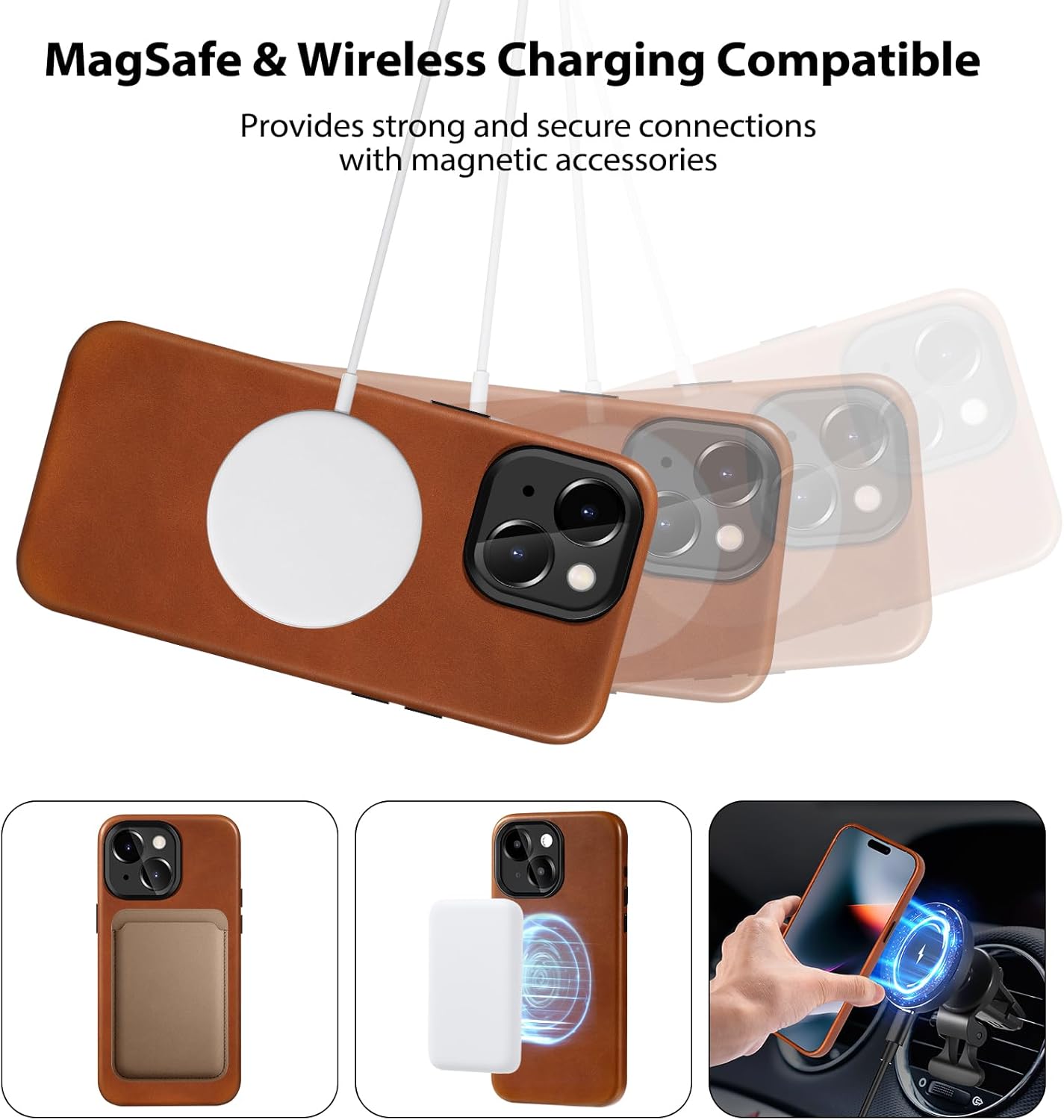 Belemay Compatible with iPhone 15 Leather Case, Compatible with MagSafe, Premium Full-Grain Vegetable-Tanned Leather [Luxury & Classy] Rich Patina, Secure Grip, Metal Buttons Cover (6.1") Saddle Brown - Image 5