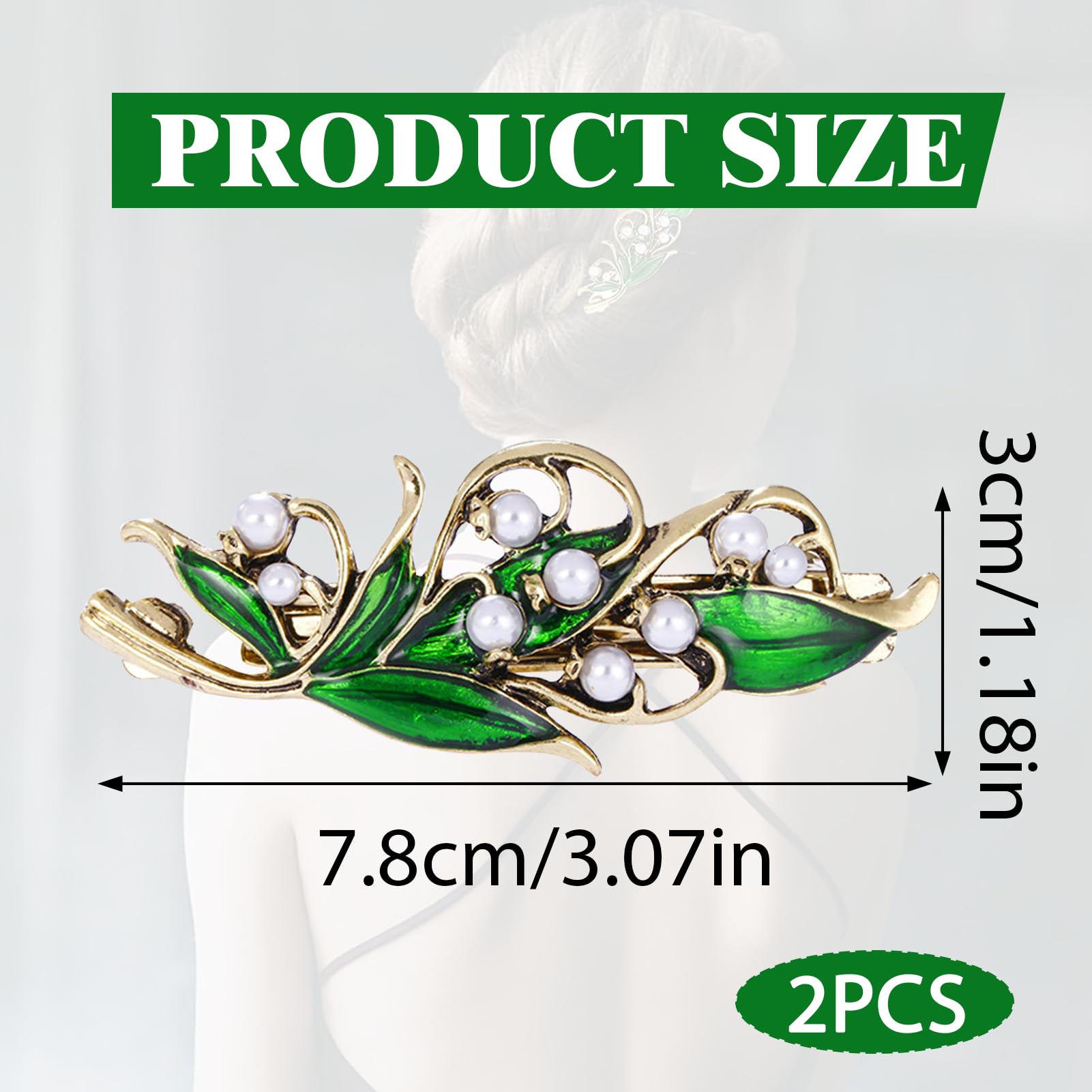 2Pcs Green French Vintage Leaf Hair Clip, Antique Metal Pearl Hair Barrettes for Women Green Hair Accessories - Image 2