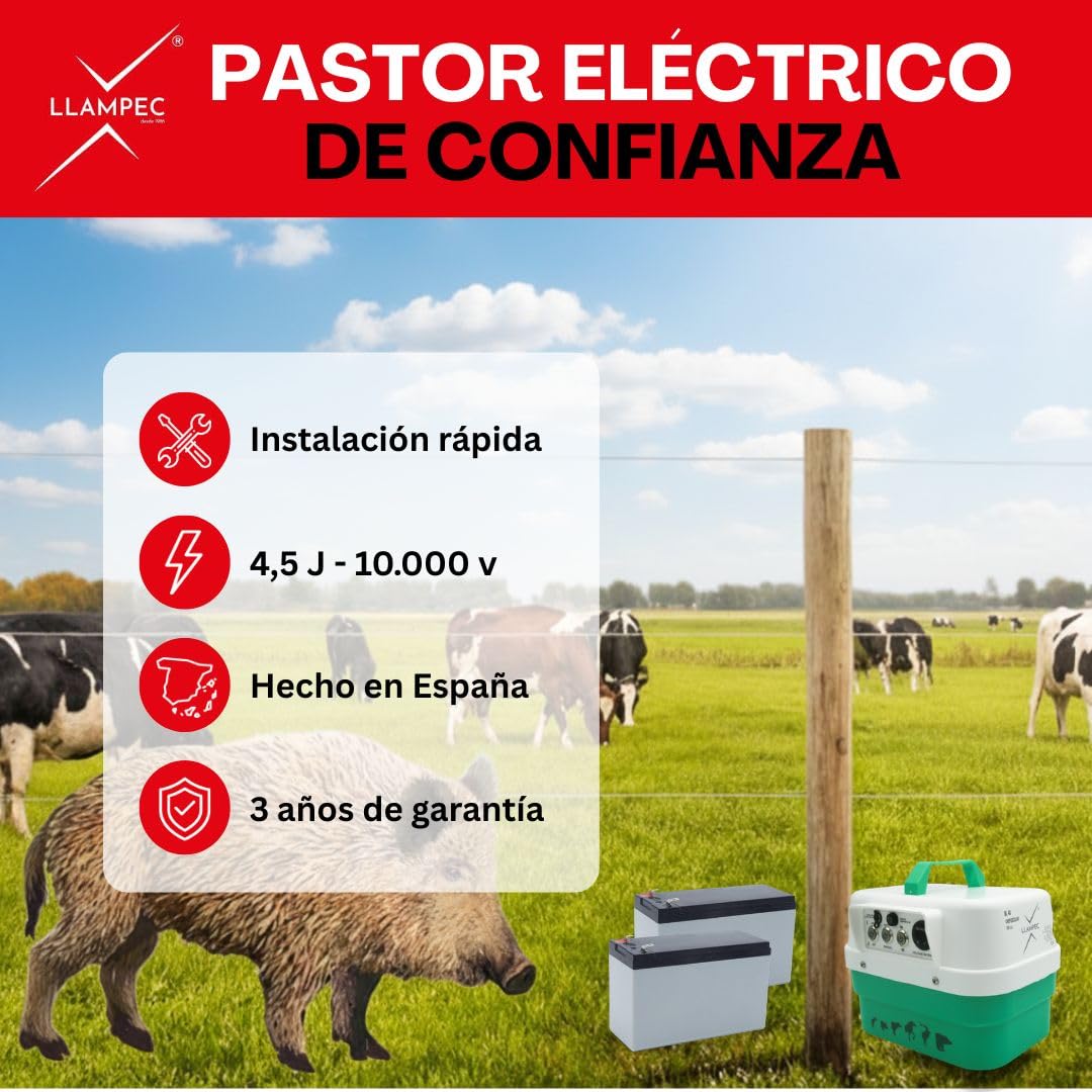 Pastor Eléctrico Crepuscular Llampec Mod.40 – 4,5 J, 10.000 V y 45 km de alcance – Ideal contra jabalíes y para ganado equino, vacuno, porcino y ovino – Batería recargable 12 V incluida