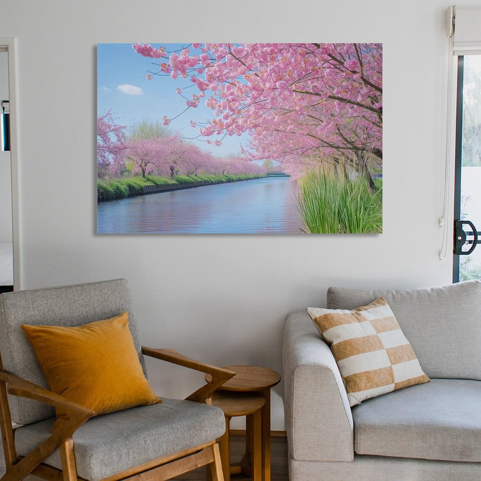Amazon.co.jp: 絵画 春の川と桜の美しい景色インテリア 絵画 魅力的な