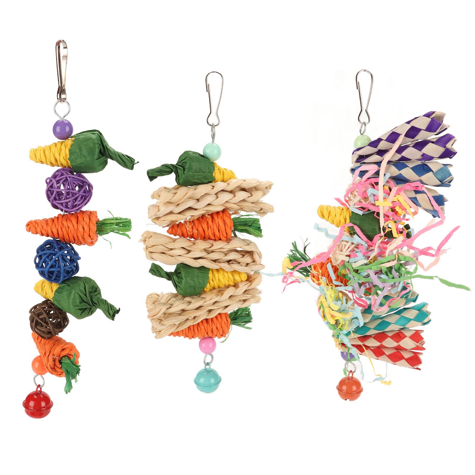 Set da 3 Giochi per Pappagalli Masticabili in Fibra Naturale Carote Intrecciate, Palline di Rattan e Giocattoli Sospesi per Budgie, Cocorite, Conuri