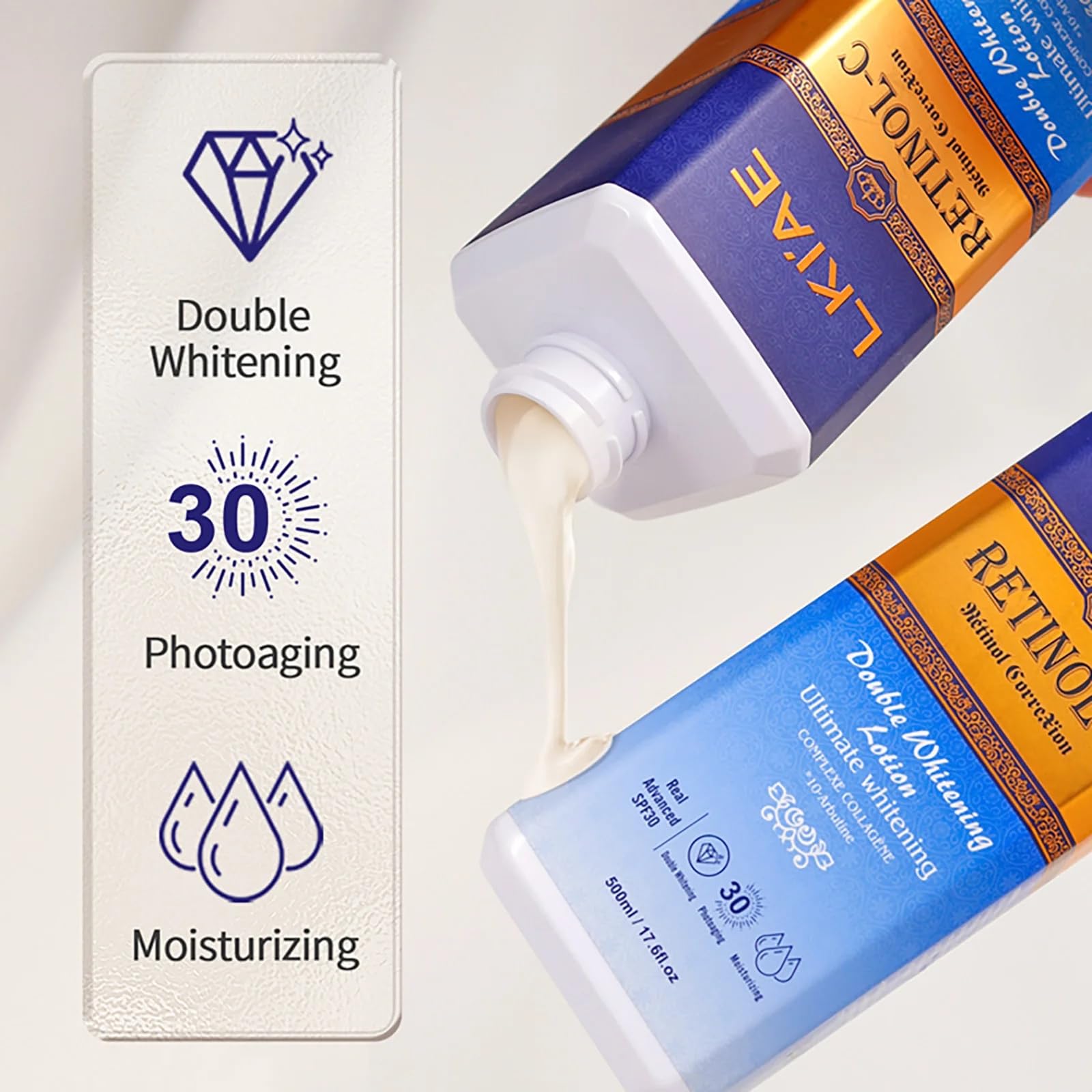 LKIAE Ultimate Whitening Retinol Loción Corporal, Reduce las Arrugas y Manchas Oscuras, Crema Profundamente Hidratante, Nutritiva, Anti-Envejecimiento, Con Colágeno, Extracto de Caracol, 500 ml