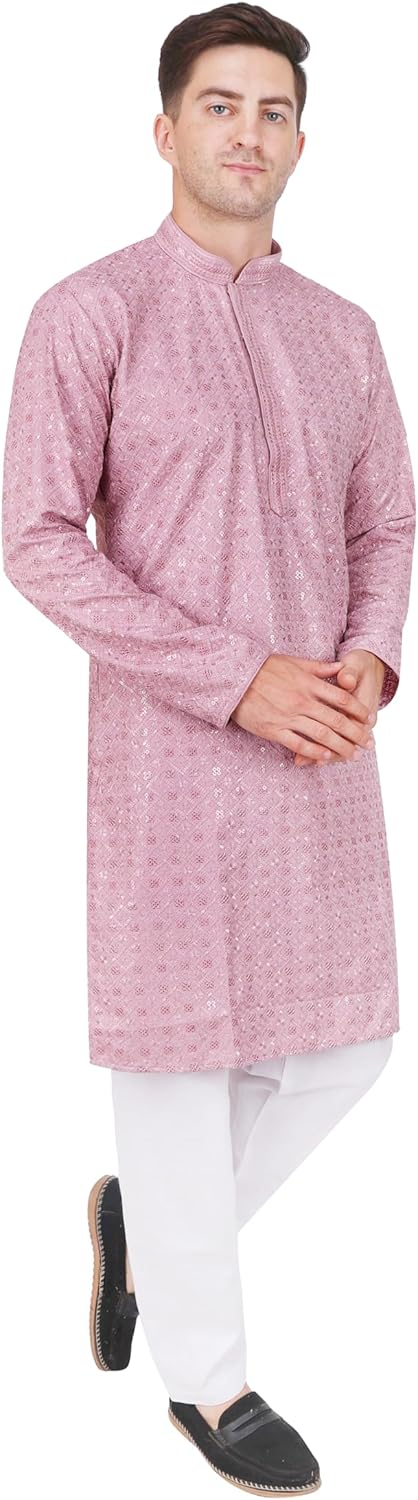 TRILOKI Mens Embroidered Sequined Kurta Pajama Set Rayon Ethnic Indian Traditional Wear Ethnic Diwali Puja Kurta Payjama Set - Image 2