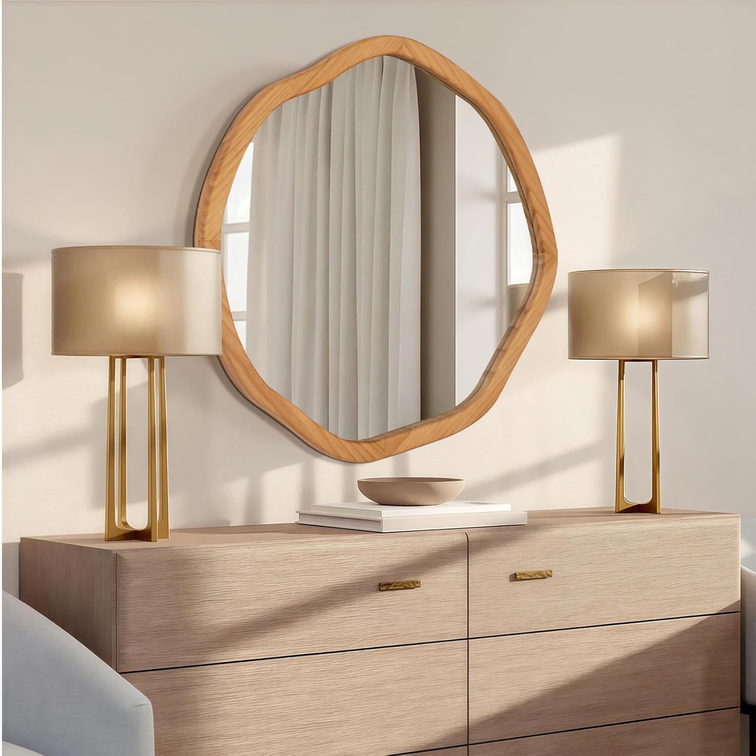 ulike round wood mirror 24 inch circle wall mirror, asymmetrical bathroom vanity mirror with wood frame, decorative wall mounted mirror for bedroom, living room, entryway, natural wood 24"l x 24"w