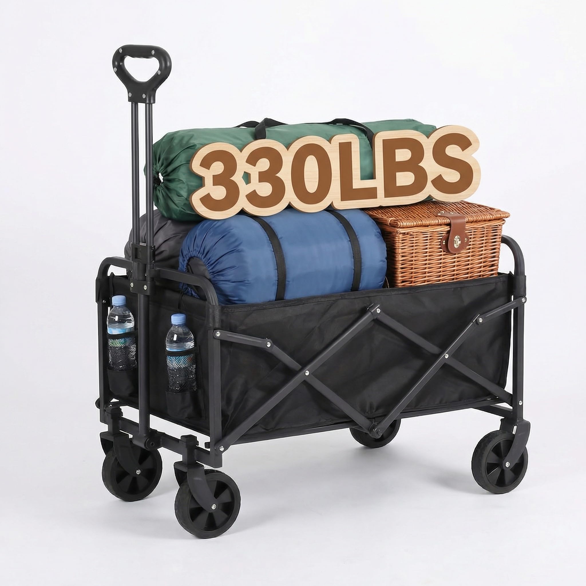 Chariot pliable pour camping et pique-nique avec roues silencieuses et bac de 100L